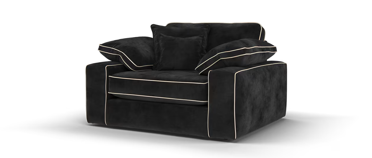 Sofology Atelier Fabric Loveseat in Soft Chenille Ebony Mix With Pearl Contrast Piping