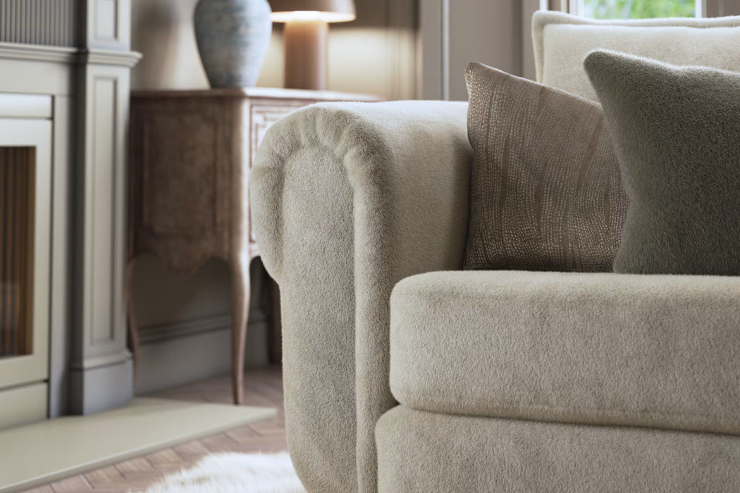 Sofology Chamonix Fabric Loveseat No Trim in Soft Short Pile Faux Fur Natural Mix