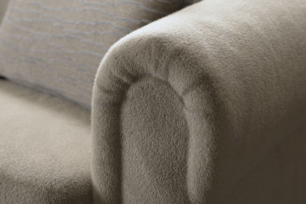 Sofology Chamonix Fabric Loveseat No Trim in Soft Short Pile Faux Fur Natural Mix