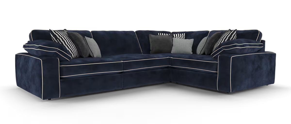 Sofology Atelier Fabric 3 Corner 1 Full Back in Soft Chenille Navy Mix With Pearl Contrast Piping