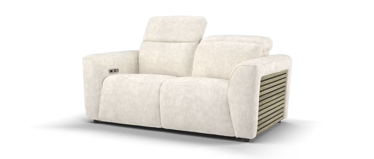 Sofology Emme Fabric 2 Seater Power Recliner/Headrest Light Wood Panel in Luxury Sherpa Pebble