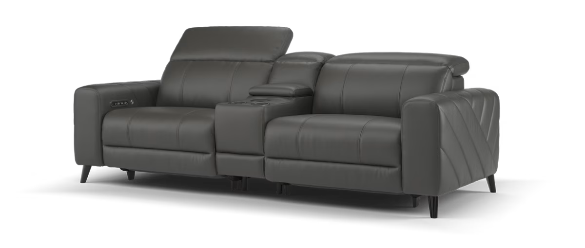 Sofology Allure Leather 2.5 Smart Console Power Recliner/Headrest Heated Seats Lumbar Support Speakers in Trusty Embossed Charcoal