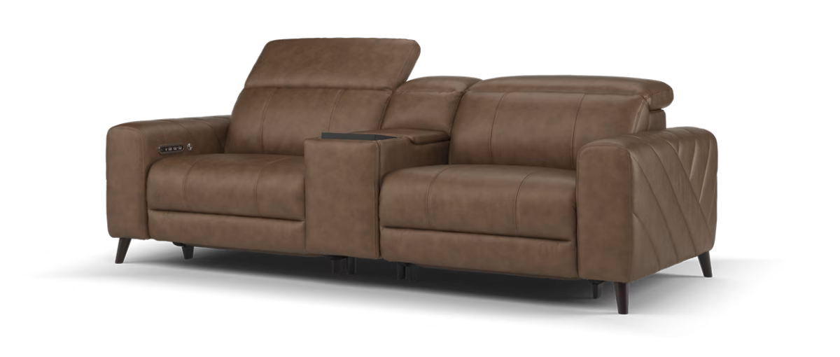 Sofology Allure Leather 2.5 Seater Screen Console Power Recliner/Headrest Heated Seats Lumbar Support Speakers in Trusty Embossed Chestnut