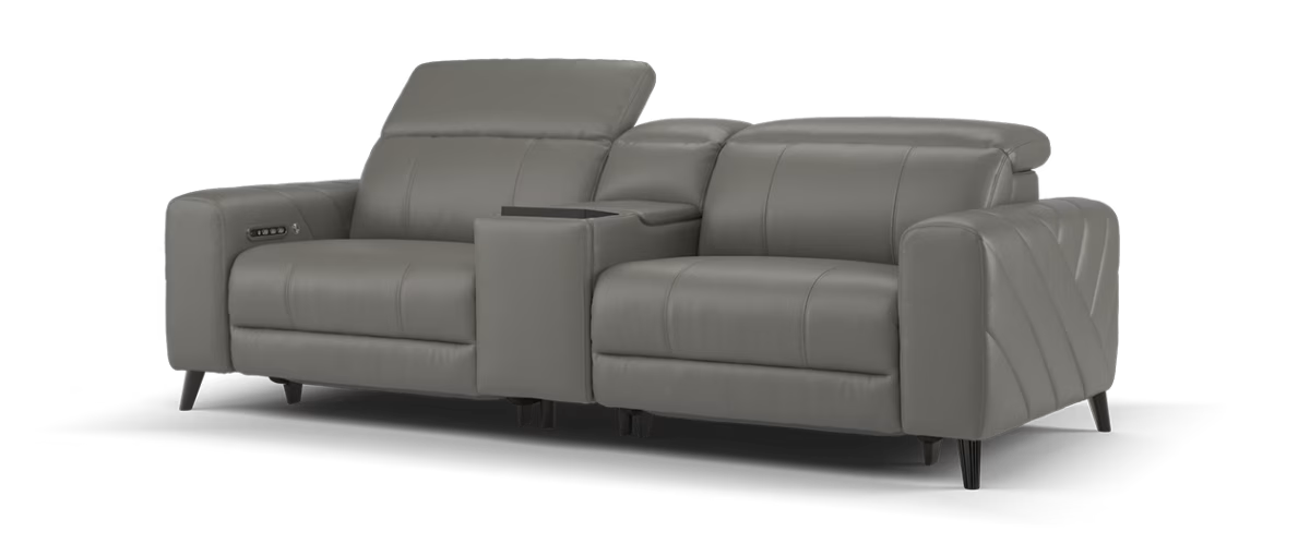 Sofology Allure Leather 2.5 Seater Screen Console Power Recliner/Headrest Heated Seats Lumbar Support Speakers in Trusty Embossed Elephant