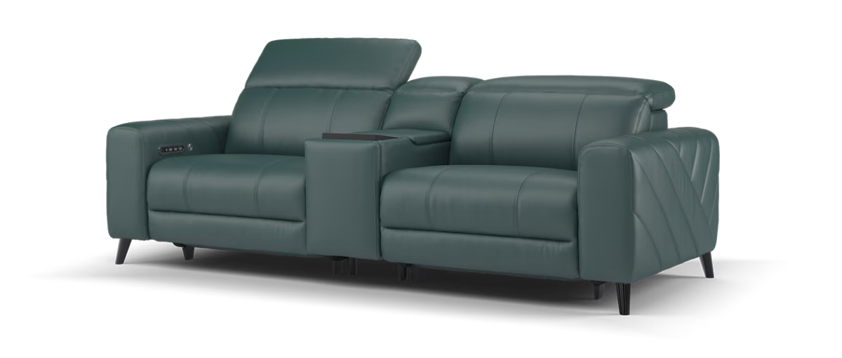 Sofology Allure Leather 2.5 Seater Screen Console Power Recliner/Headrest Heated Seats Lumbar Support Speakers in Trusty Embossed Peacock