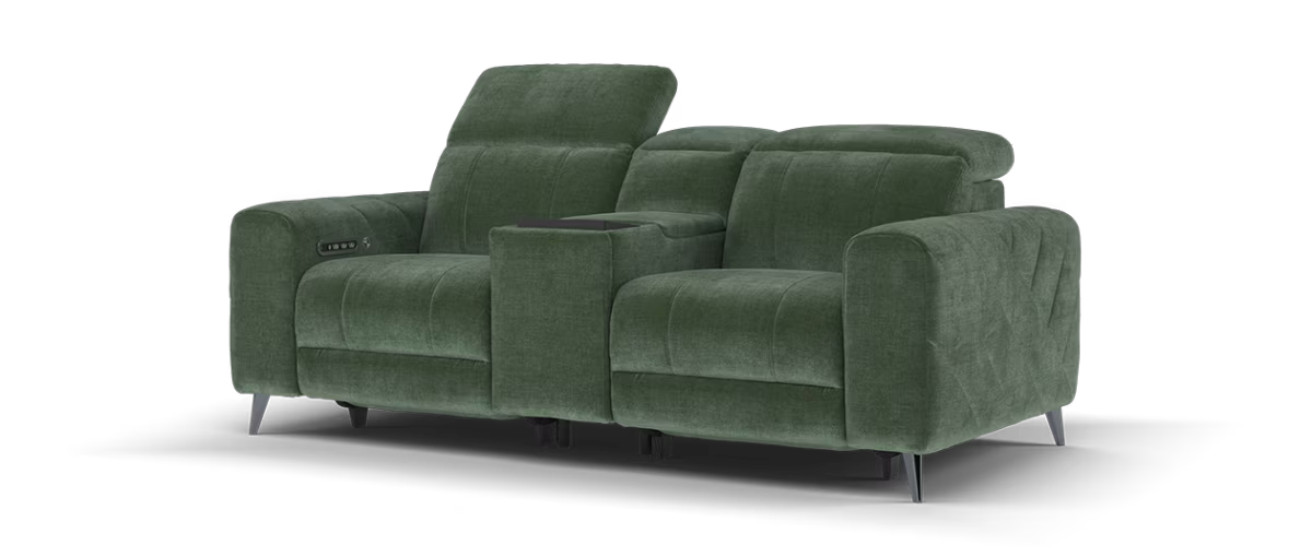 Sofology Alllure Fabric 2 Seater Screen Console Power Recliner/Headrest Heated Seats Lumbar Support Speakers in Relaxed Chenille Pine