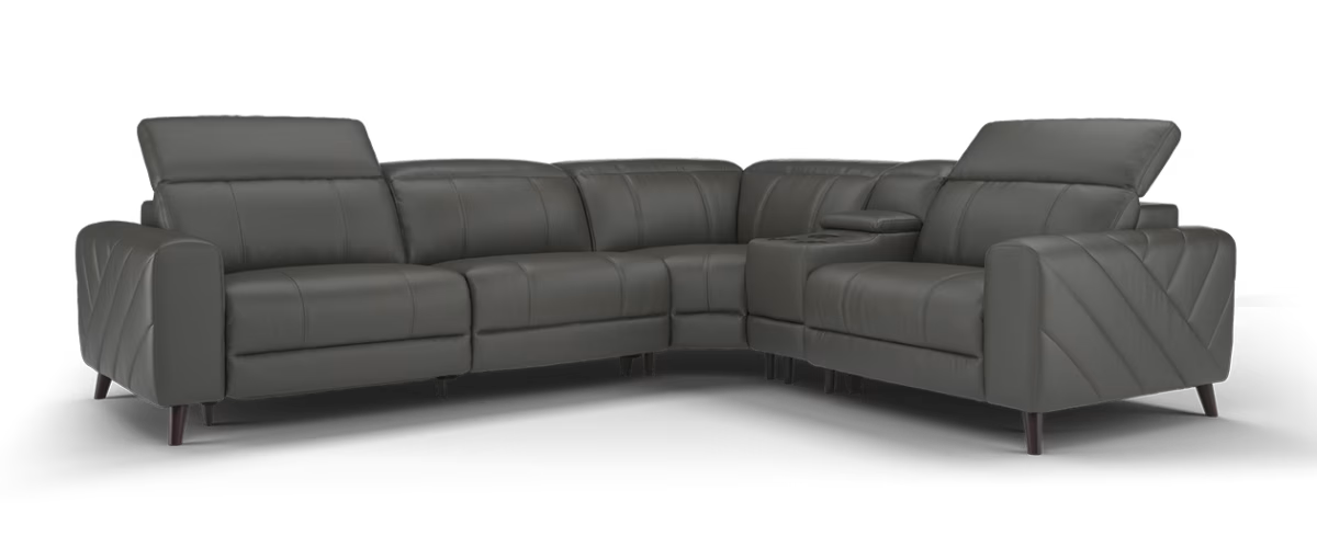 Sofology Allure Leather 3 Corner Smart Console 1.5 Power Recliner/Headrest Heated Seats Lumbar Support Speakers Trusty Embossed Charcoal