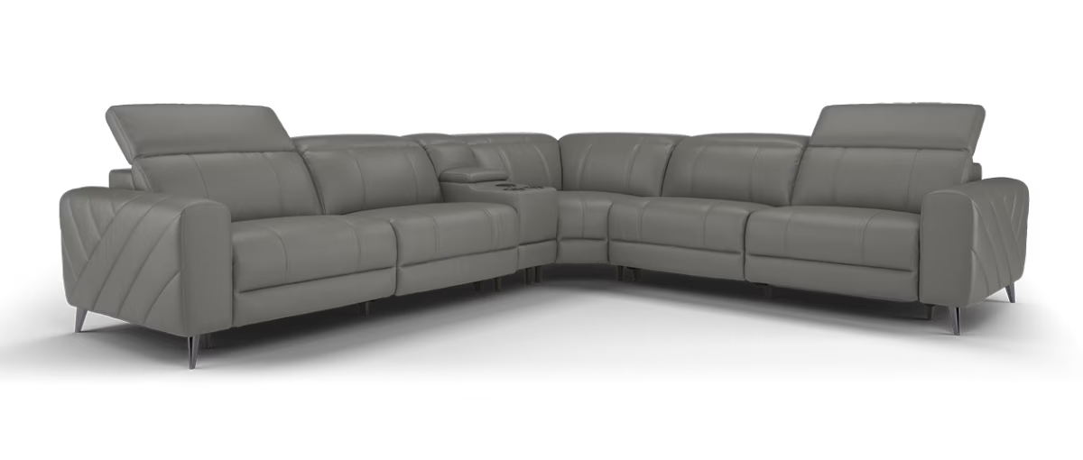Sofology Allure Leather 3 Corner 3 Smart Console Power Recliner/Headrest Heated Seats Lumbar Support Speakers Trusty Embossed Elephant