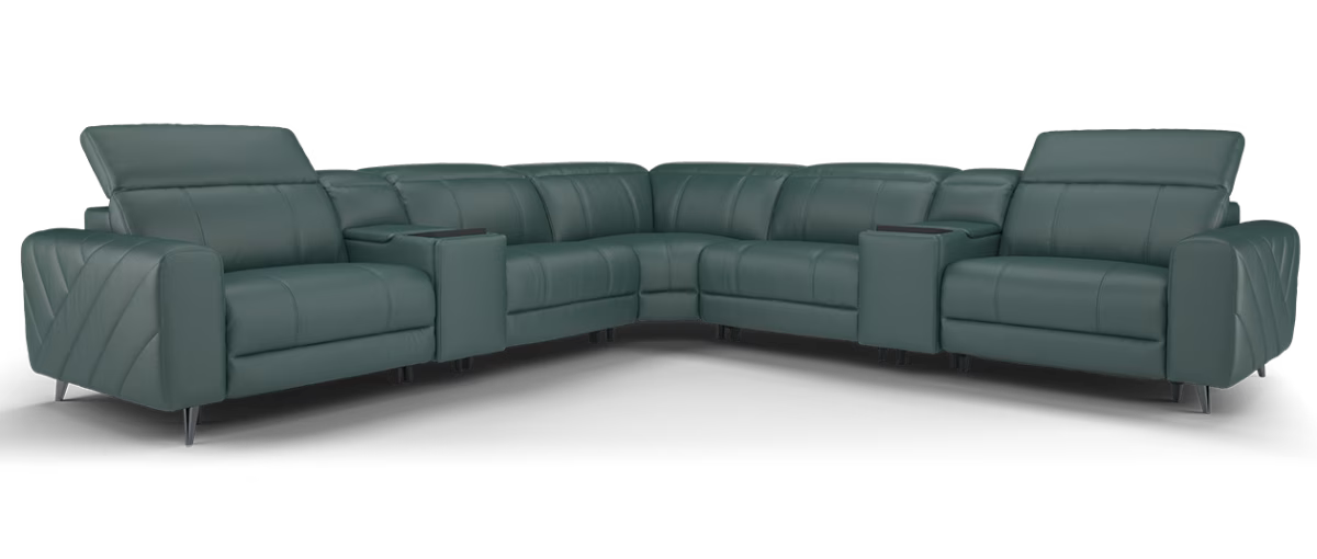 Sofology Allure Leather 3 Screen Console Corner Screen Console 3 Power Recliner/Headrest Heated Seats Lumbar Support Speakers in Trusty Embossed Peacock