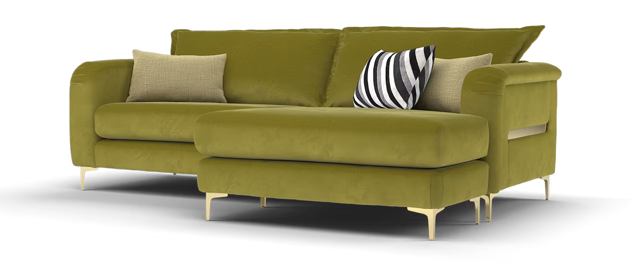 Sofology Eastwood Fabric Grande Chaise with Gold Trim in Smooth Velvet Moss Mix