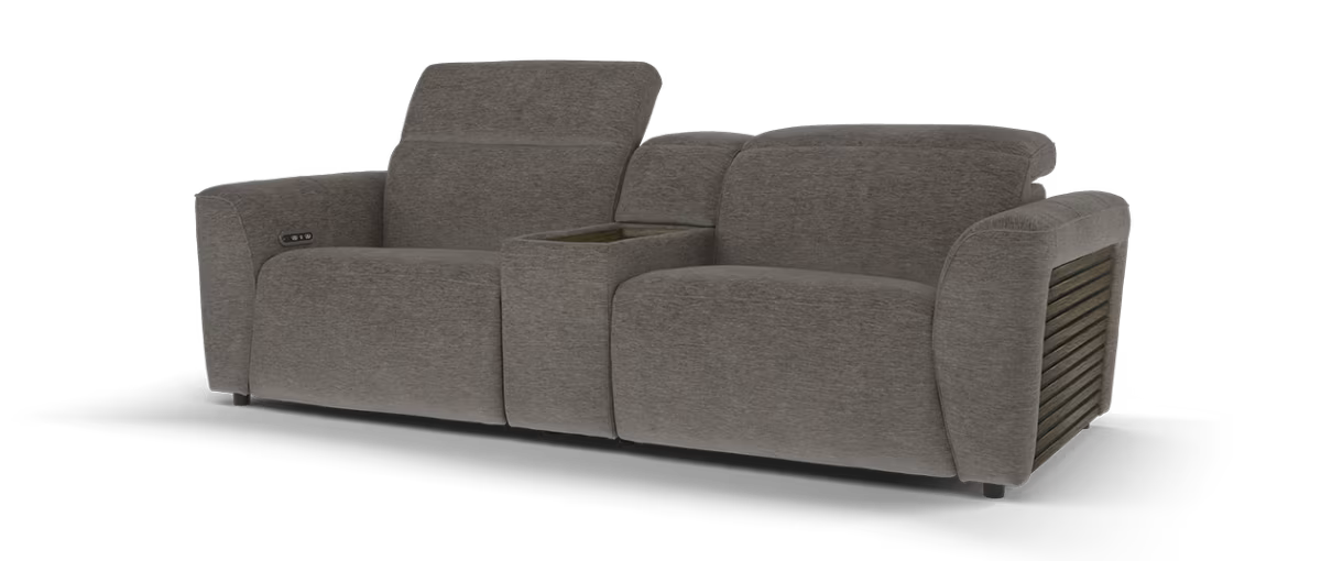 Sofology Emme Fabric 2.5 Seater Console Power Recliner/Headrest Dark Wood Panel in Luxury Deep Pile Chenille Mole